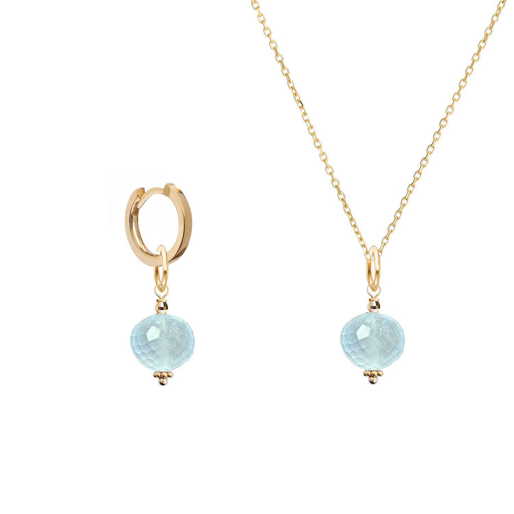 Aquamarine pendant or charm in 18k Gold, faceted button gemstone hanging on a hoop earring or a chain in 18k Gold, faceted button gemstone, beautiful natural blue milky colour