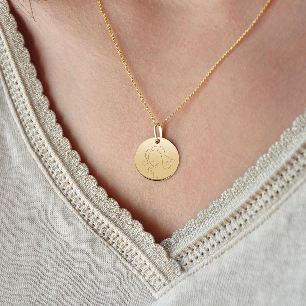Muze 18k gold vermeil Faith medal necklace on model,  art inspired jewelry, dainty talisman symbol of hope, protection and spirituality. A sentimental gift perfect for newly born, godchild or as a friendship thank you gift.