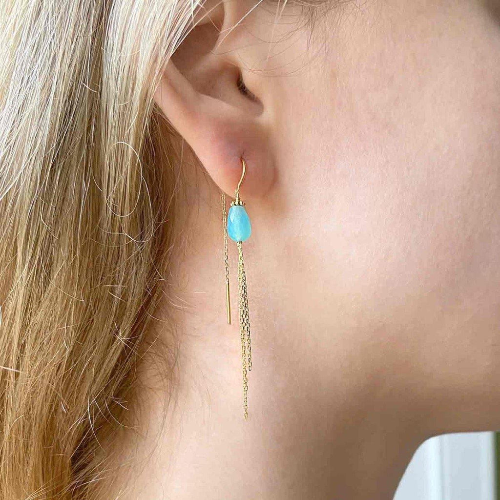 Gem Drop Tassel Earrings 18k Gold Chalcedony - Perle de Lune