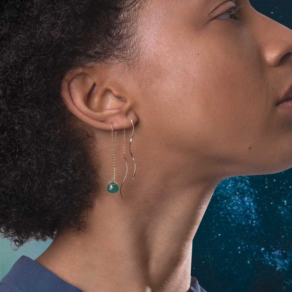 Drop Threader Earrings Green Agate -18k Gold - Perle de Lune
