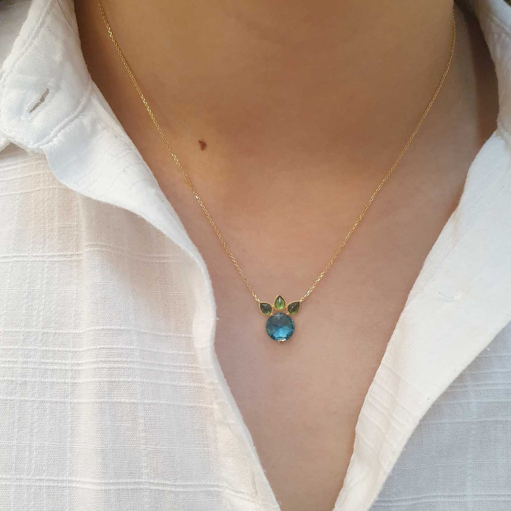 Princess necklace - 18k Gold Blue Topaz, Green Tourmaline - Perle de Lune