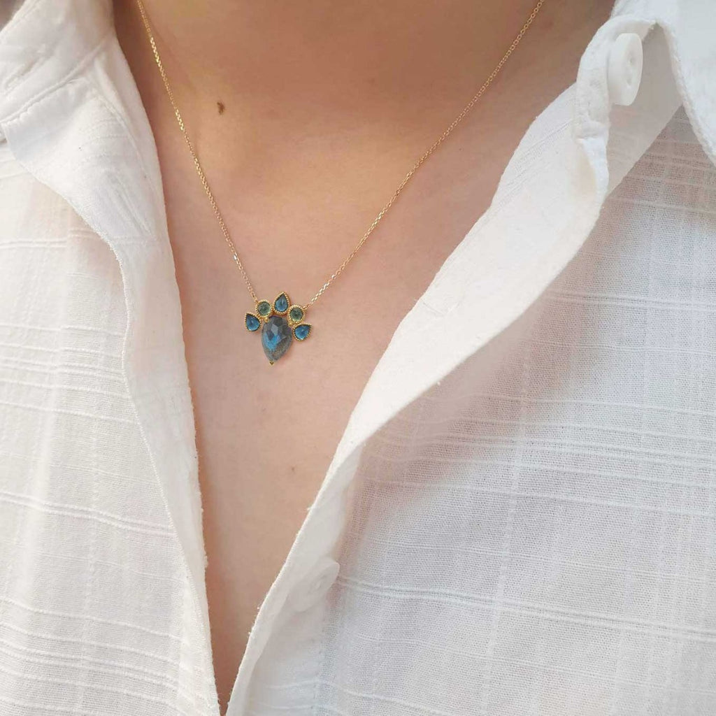 Queen Necklace - 18k Gold Labradorite, Blue Topaz, Green Tourmaline - Perle de Lune