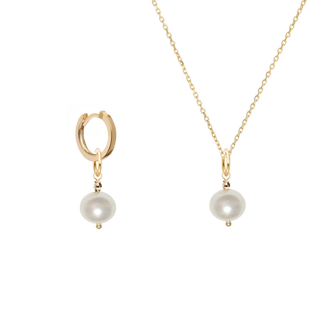 Round white Freshwater pearl 18k gold charm on an oval bail, showing on a hoop earring or gold chain