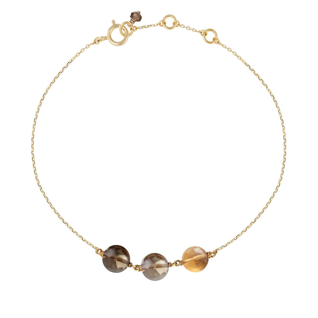 Trio Pastille Bracelet with beautiful and luminous pastilles gemstones of Citrine and Smoky Quartz on a sparkly 18k gold chain ajustable in length.