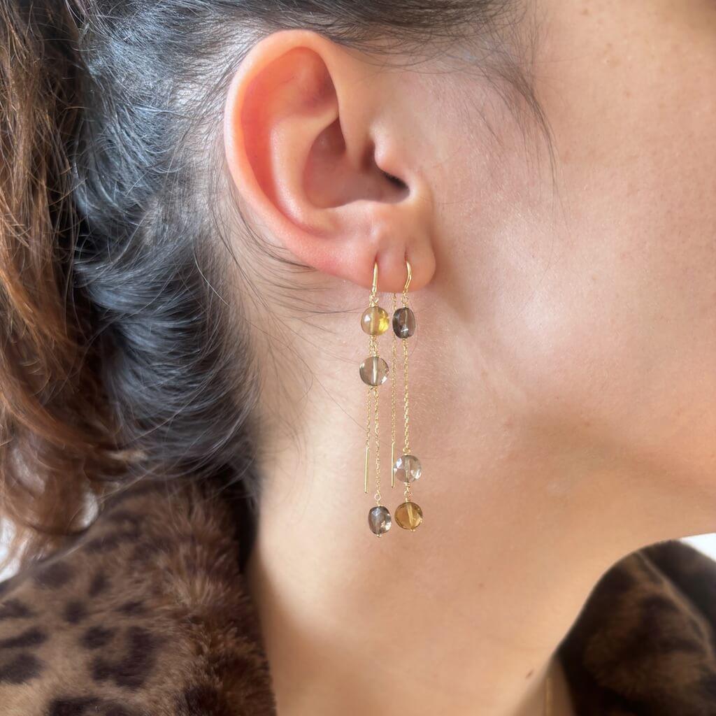 18k gold asymmetric Long threader Earrings with gemstones of Citrine, Smoky Quartz on model ear