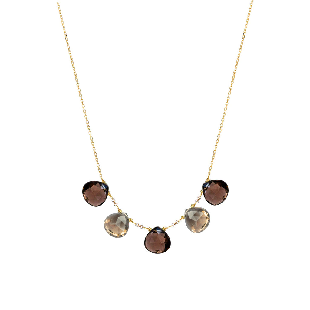  Elegant and timeless smoky quartz necklace with 5 luminous faceted gemstone drops hanging on a 18k gold chain