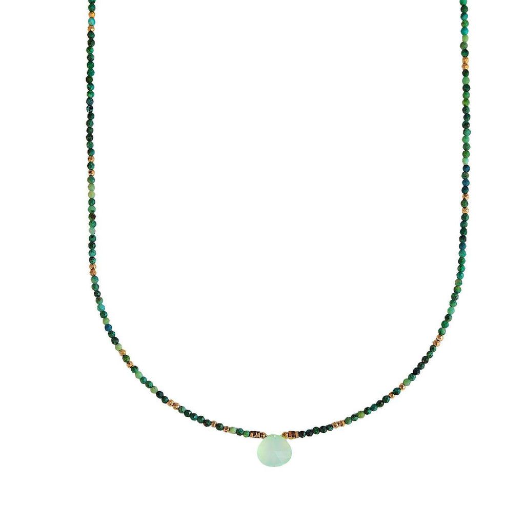 Choker Necklace with green Chalcedony Drop  central pendant drop and Chrysocolla gemstone beads on a white background