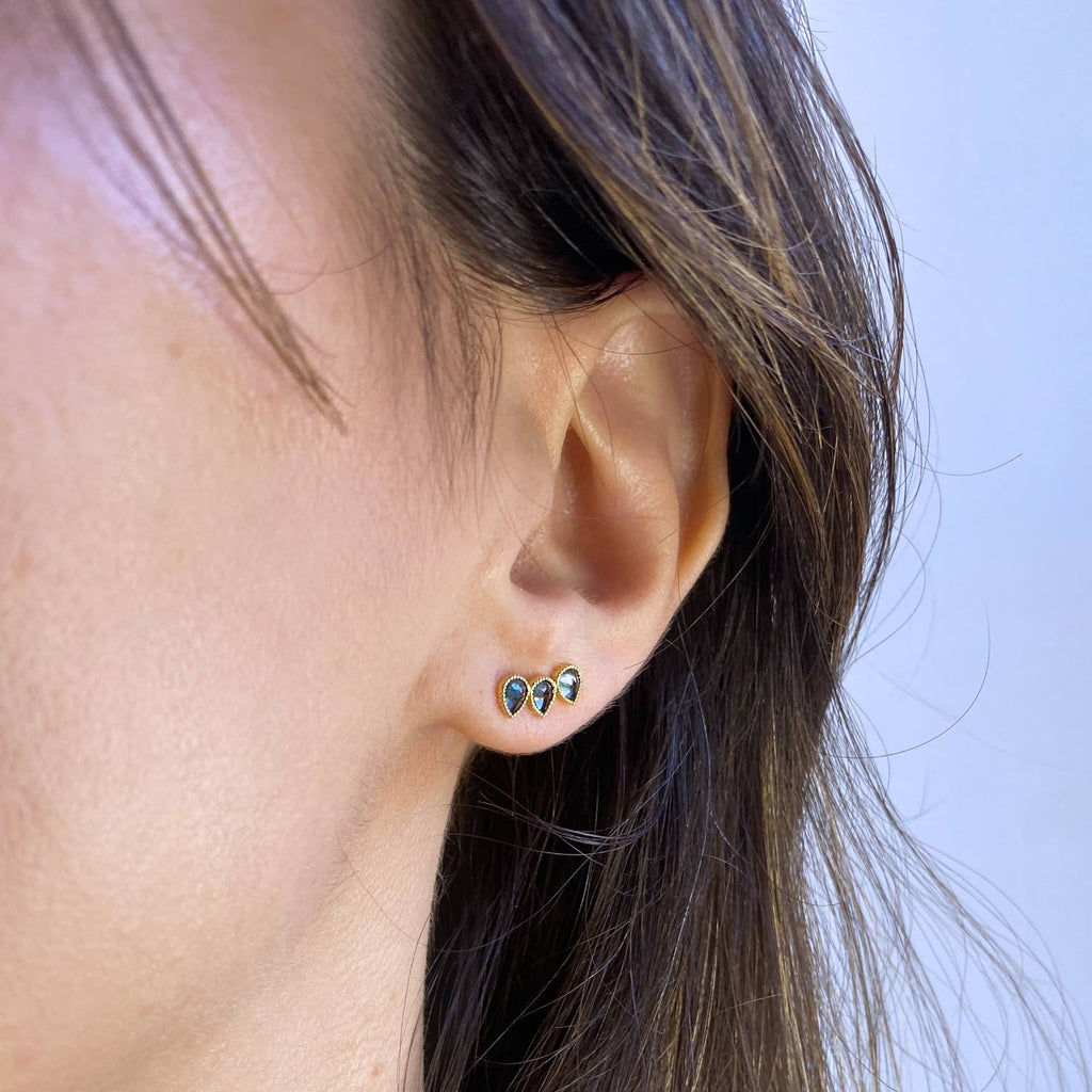 Ear Climber  on model left Ear - Pink Blue Topaz -18k Gold Perle de Lune