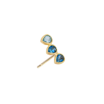 18k Yellow Gold Ear climber for right ear with 3 gemstones of Blue topaz in gradient shades of Swiss blue topaz and London blue topaz, displayed with gold butterfly back