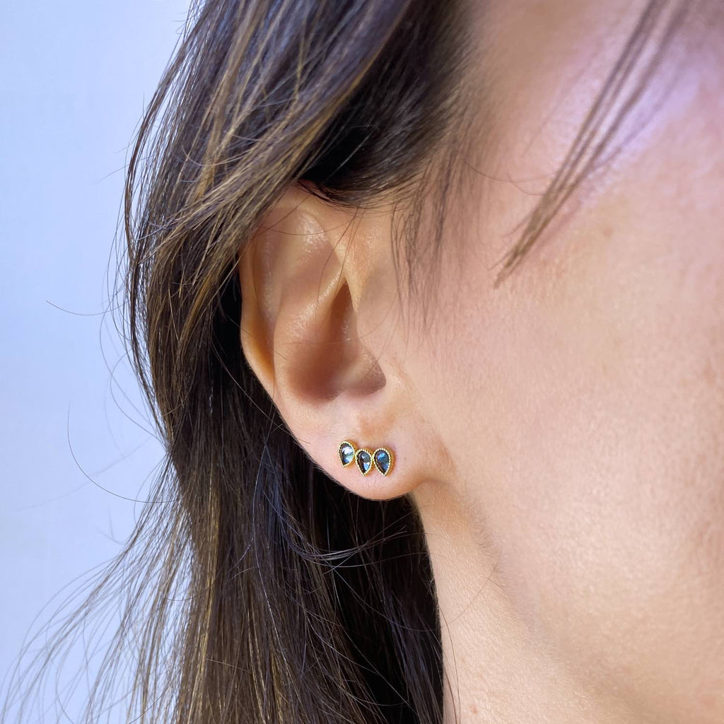 Gemstone  trio Ear Climber on model right Ear - Swiss Blue Topaz  18k Gold Perle de Lune