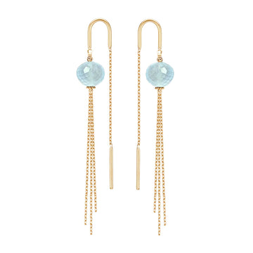 Aquamarine threader earrings with sparkly tassel in 18k Gold, faceted button gemstone, beautiful natural blue milky colour