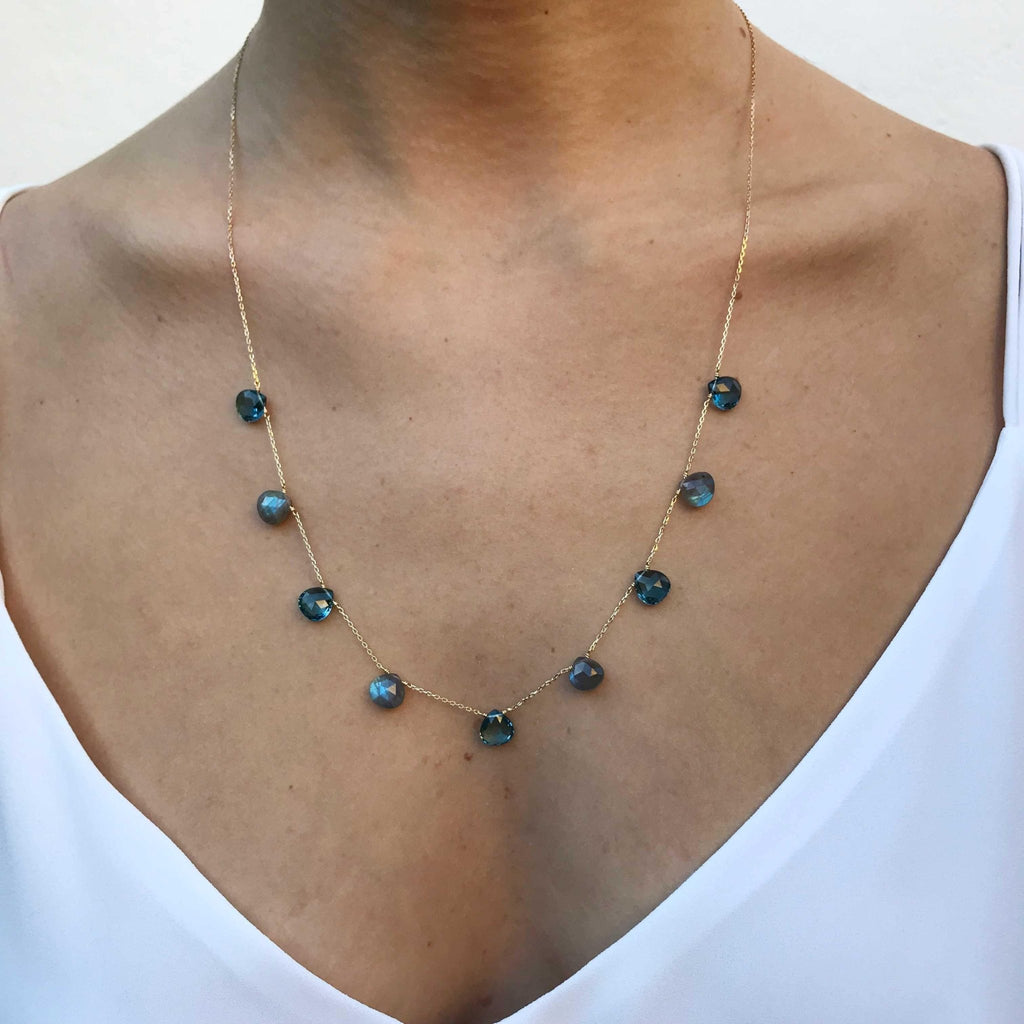 Floating Drops Long Necklace Blue Topaz , Labradorite - 18k Gold - Perle de Lune