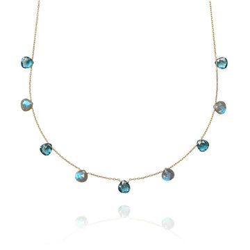 Blue topaz and Labradorite floating drops long necklace in  18k gold 