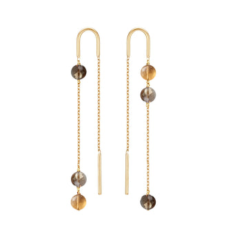 18k gold asymmetric Long threader Earrings with gemstones of Citrine, Smoky Quartz. 