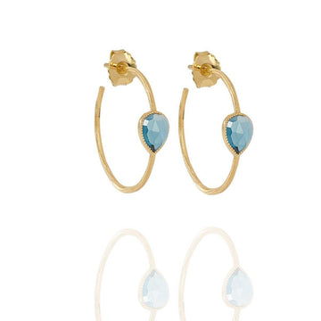 large hoop earrings in 18k gold with a pear shape faceted blue topaz gemstone