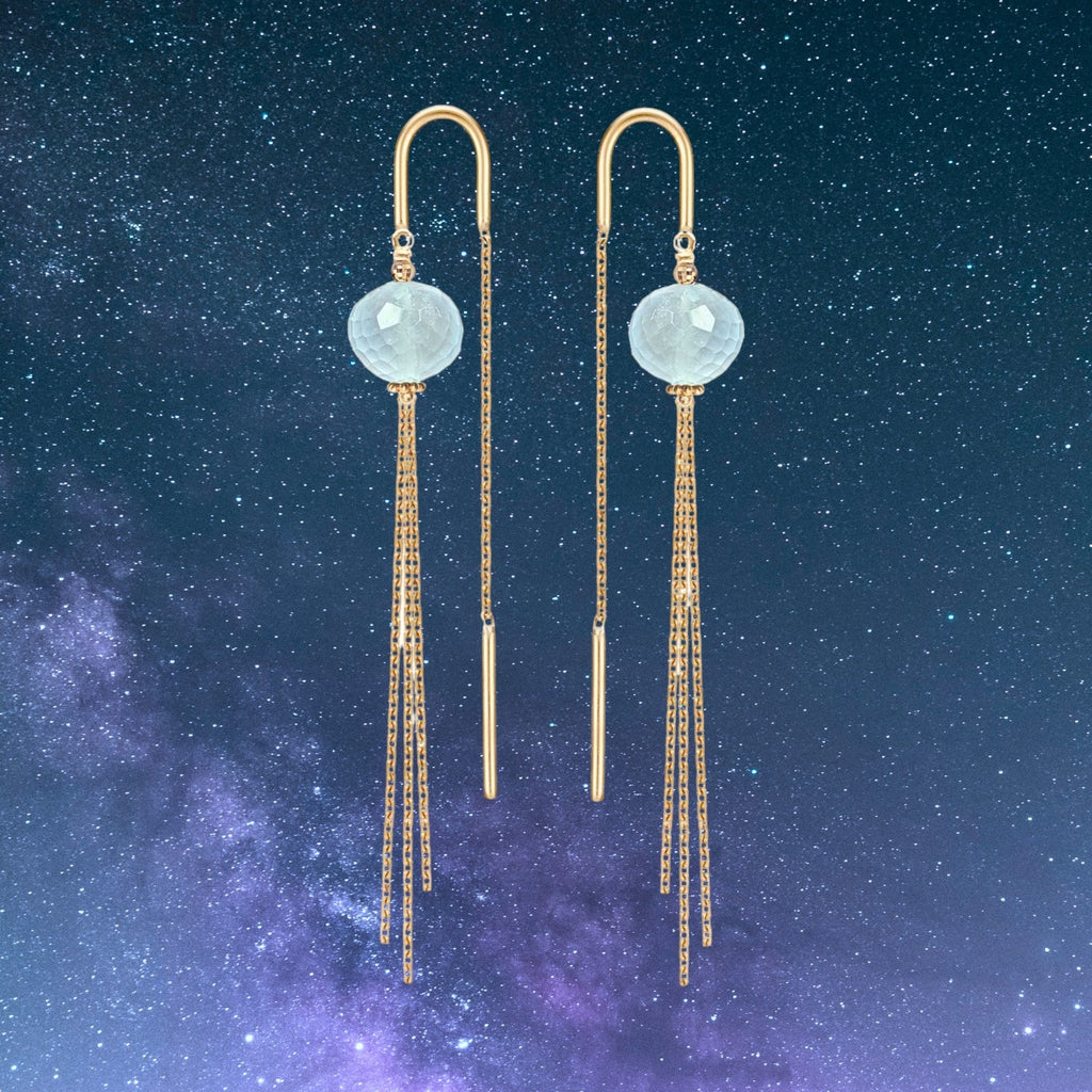 Aquamarine threader earrings on a night sky background, with sparkly tassel in 18k Gold, faceted button gemstone, beautiful natural blue milky colour