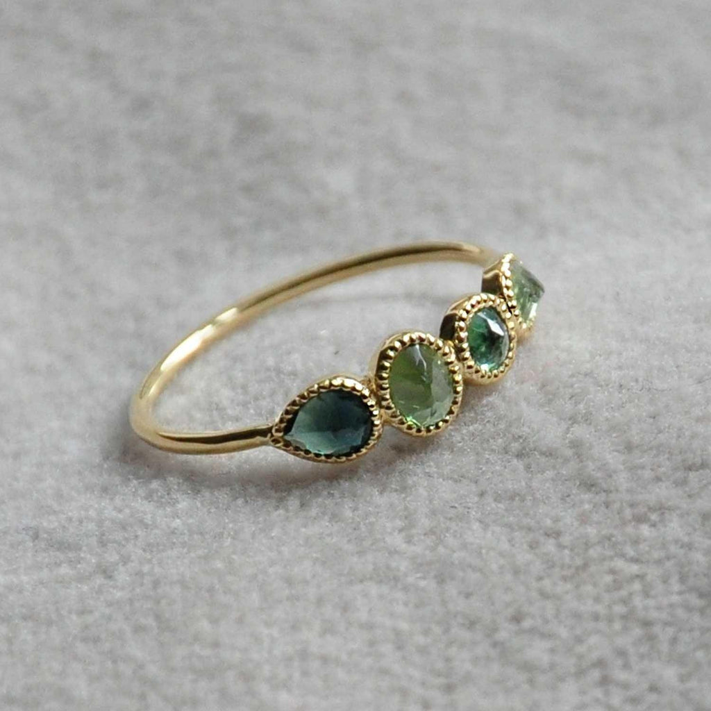 Mosaik Gold Ring - 18k Gold Blue Topaz -Green Tourmaline - Perle de Lune