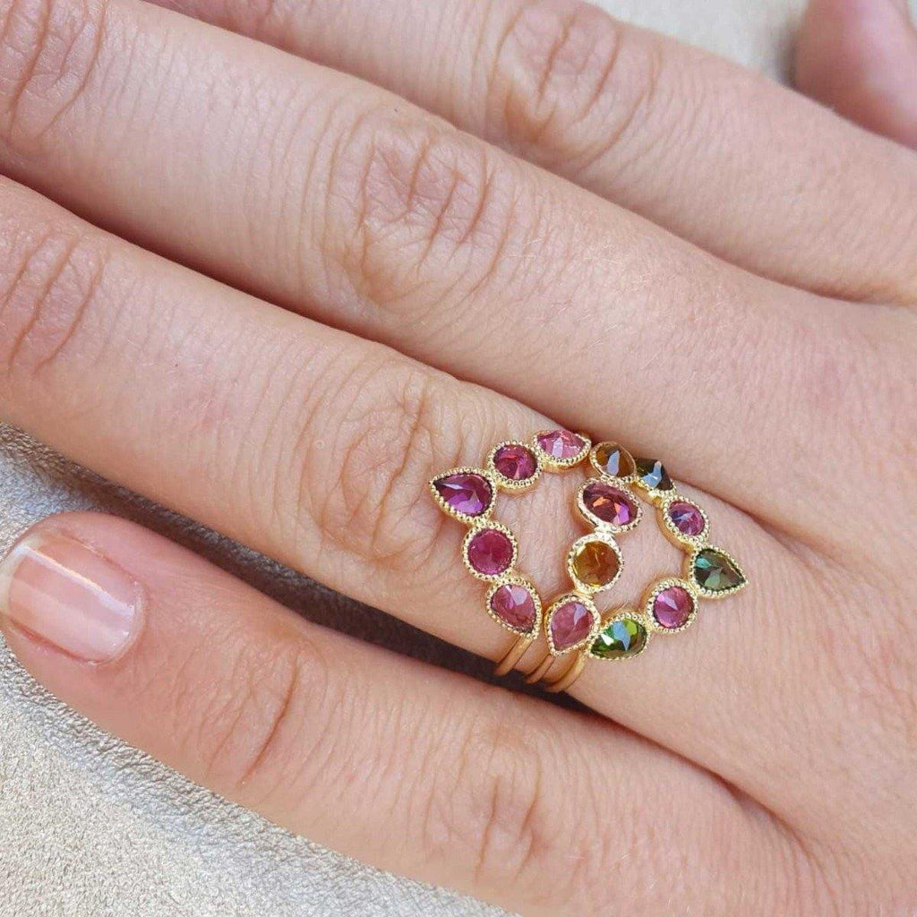 Mosaic V Ring Pink, Green, Tourmaline - 18k Gold - Perle de Lune