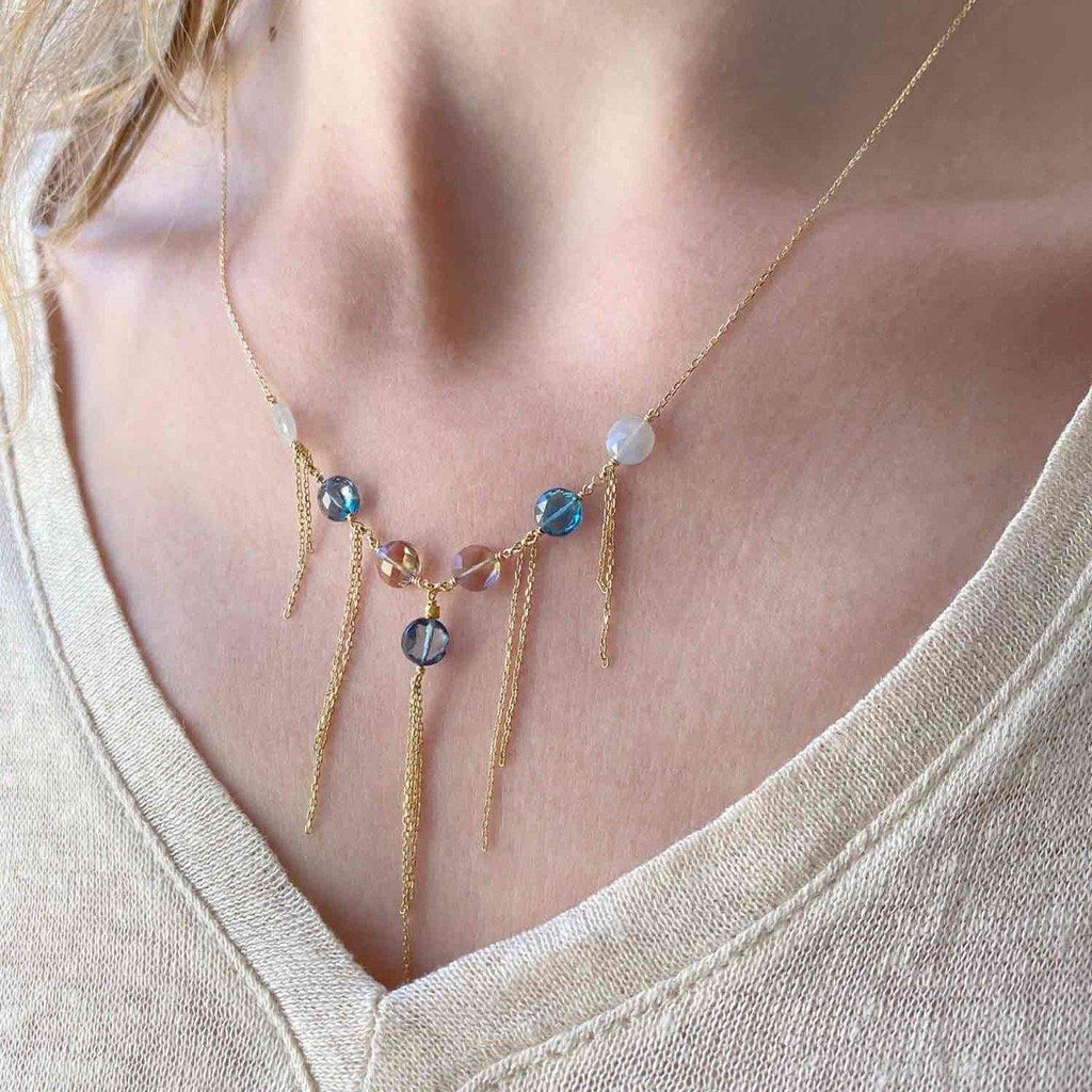 Pop Galaxy Tassel Necklace Blue Topaz, Grey Moonstone, Smoky Quartz - 18k Gold - Perle de Lune