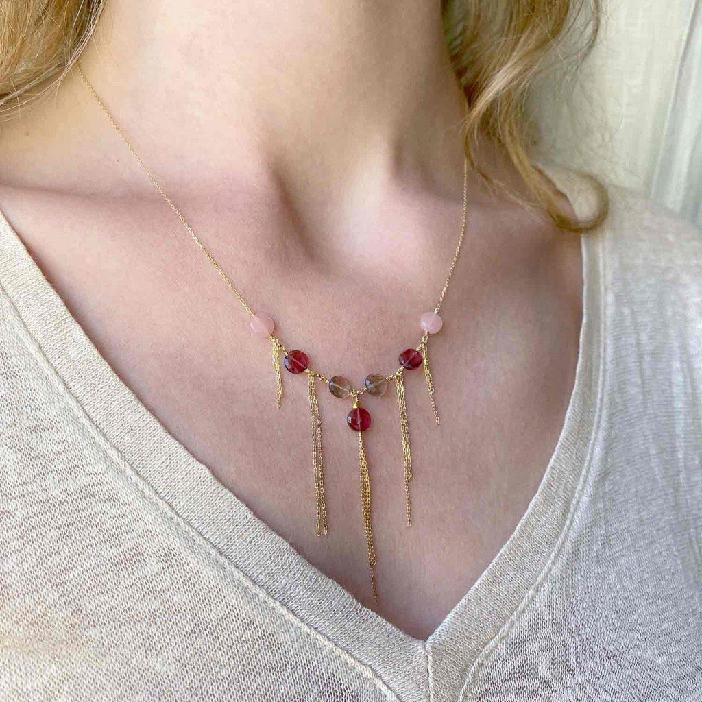 Pop Galaxy Tassel Necklace Guava Quartz, Red Garnet, Smoky Quartz - 18k Gold - Perle de Lune