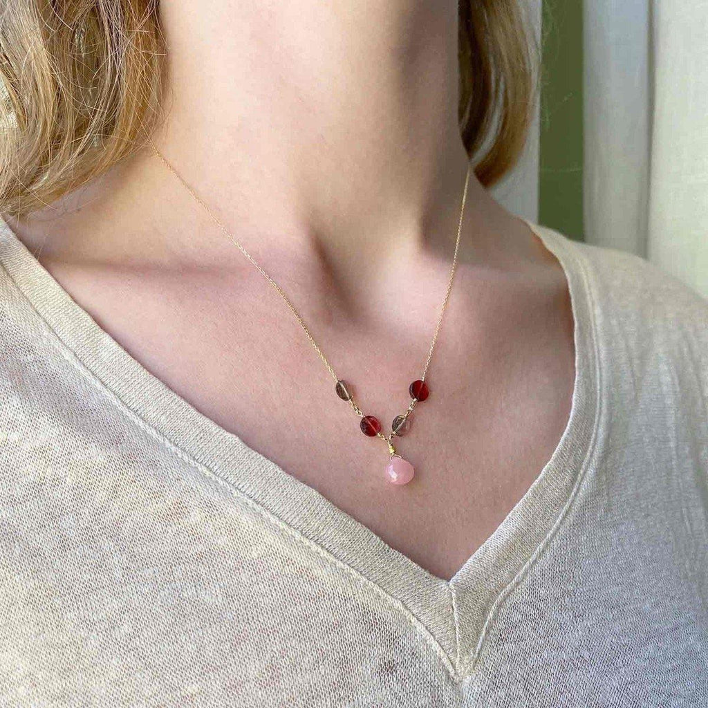 Pop Gravity Necklace Guava Quartz, Red Garnet, Smoky Quartz -18k Gold - Perle de Lune