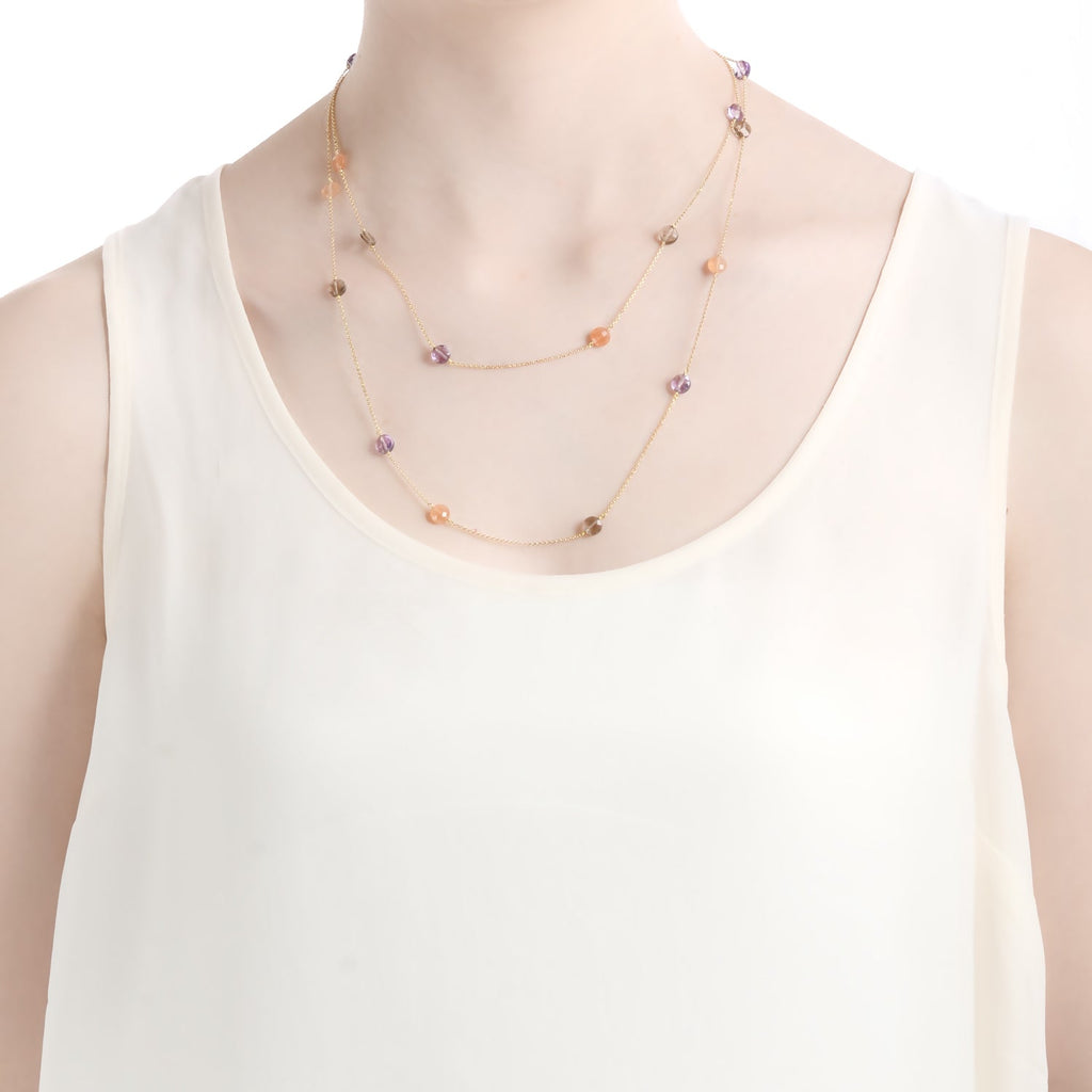 Pop Wrap Necklace 18k Gold Amethyst, Apricot Moonstone, Smoky Quartz - Perle de Lune