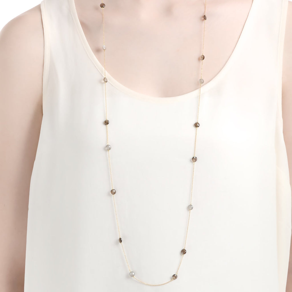 Pop Wrap Necklace Grey Moonstone, Smoky Quartz - 18k Gold - Perle de Lune