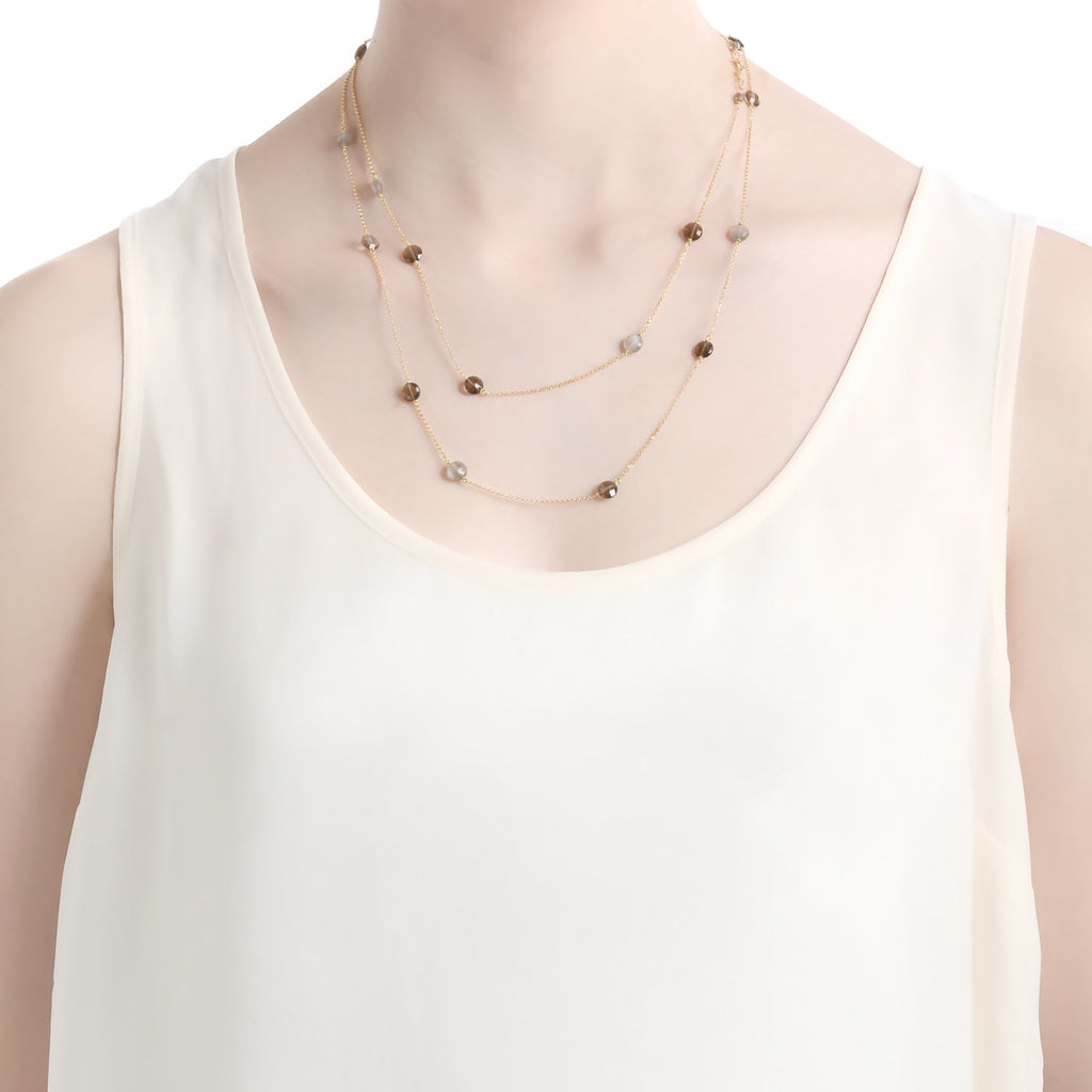 Pop Wrap Necklace Grey Moonstone, Smoky Quartz - 18k Gold - Perle de Lune