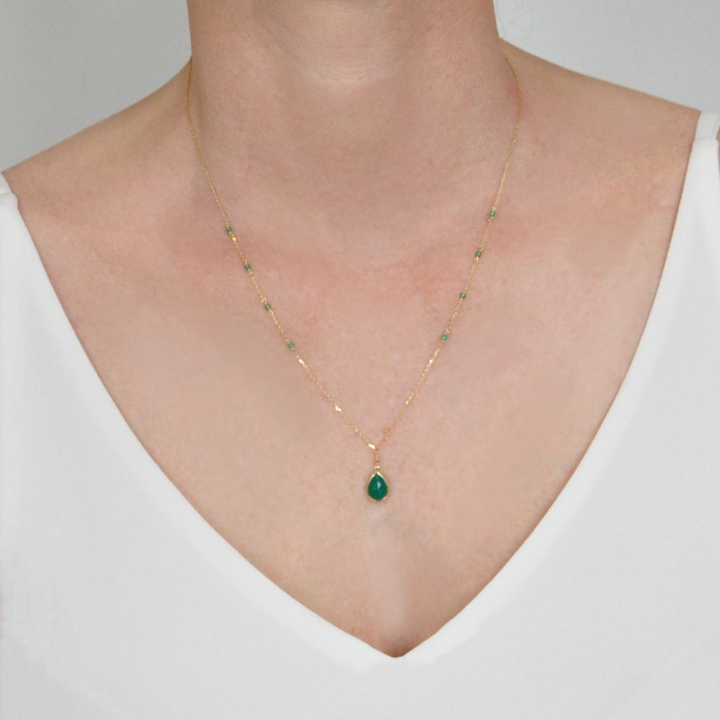 Precious Beads Drop Necklace 18k Gold Green Agate - Perle de Lune