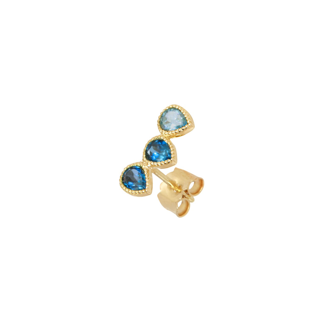 18k Yellow Gold Ear climber for left ear with 3 gemstones of Blue topaz in gradient shades of Swiss blue topaz and London blue topaz