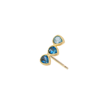 18k Yellow Gold Ear climber for left ear with 3 gemstones of Blue topaz in gradient shades of Swiss blue topaz and London blue topaz. No back butterfly