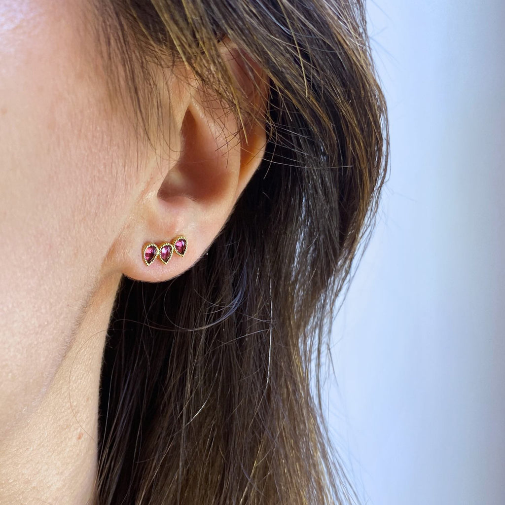 Ear Climber  on model left Ear - Pink Tourmaline -18k Gold Perle de Lune