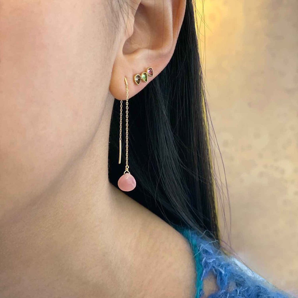 Long threader earring pink guava quartz on model next to a 3 tourmaline ear stud 18k Gold Perle de Lune