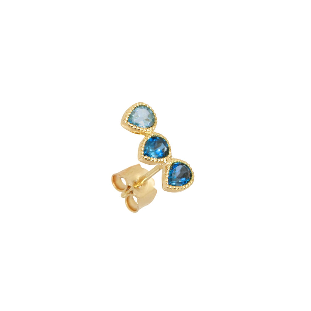 18k Yellow Gold Ear climber for right ear with 3 gemstones of Blue topaz in gradient shades of Swiss blue topaz and London blue topaz