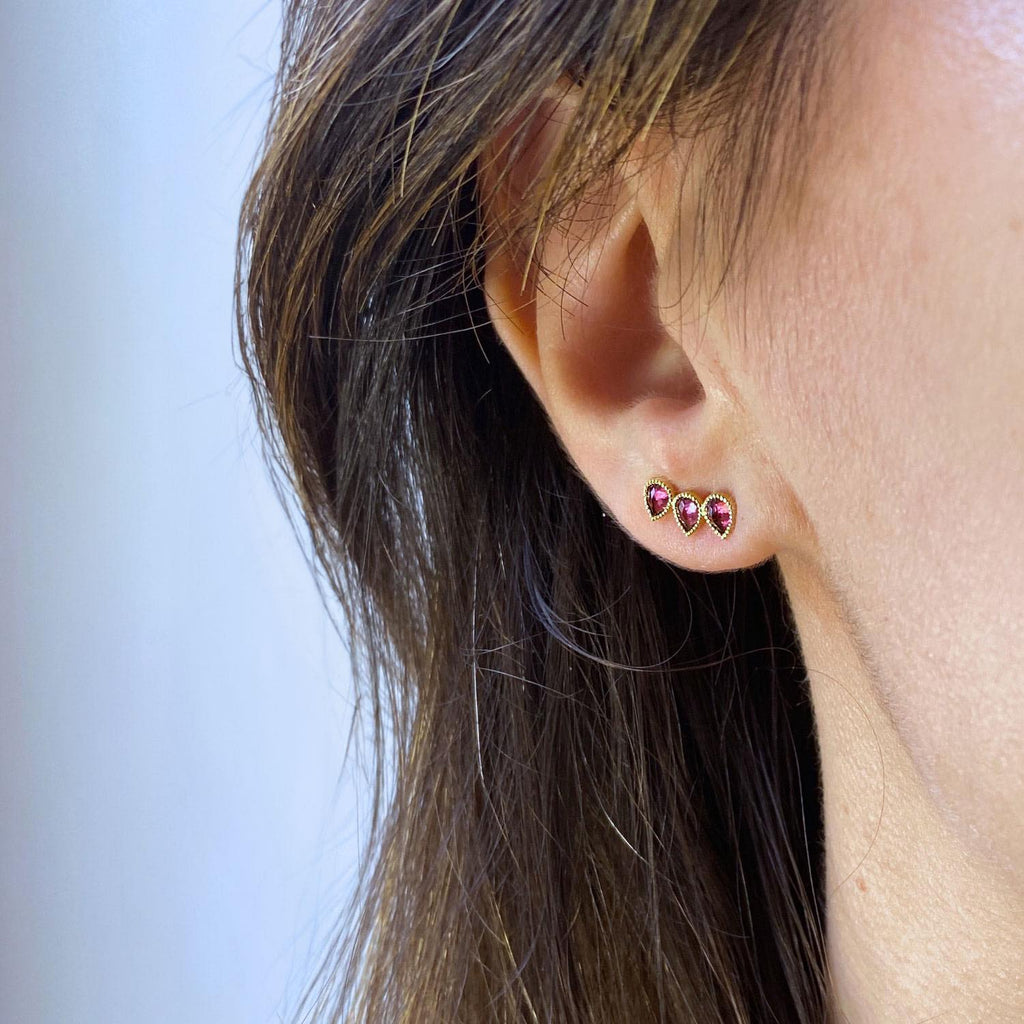 Ear Climber  on model right Ear - Pink Tourmaline -18k Gold Perle de Lune