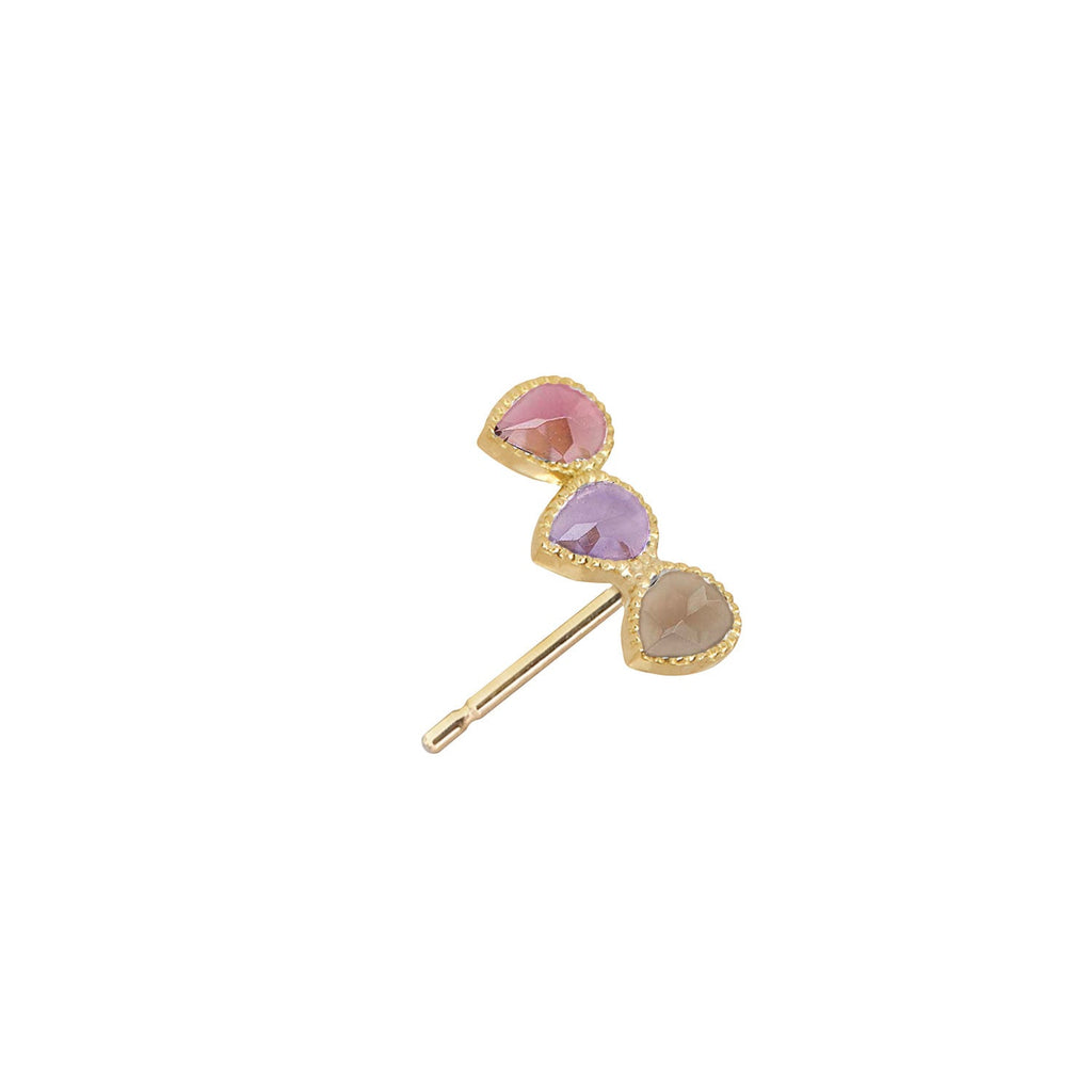 Gemstone trio Ear Climber for right Ear - Pink  Tourmaline Smoky Quartz 18k Gold Perle de Lune