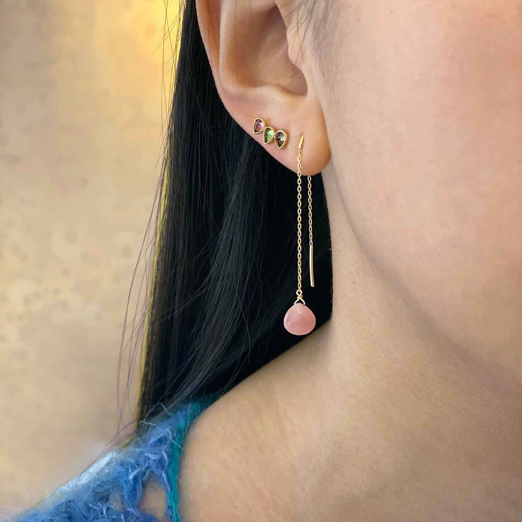 Long threader earring pink guava quartz on model next to a 3 tourmaline right ear stud 18k Gold Perle de Lun