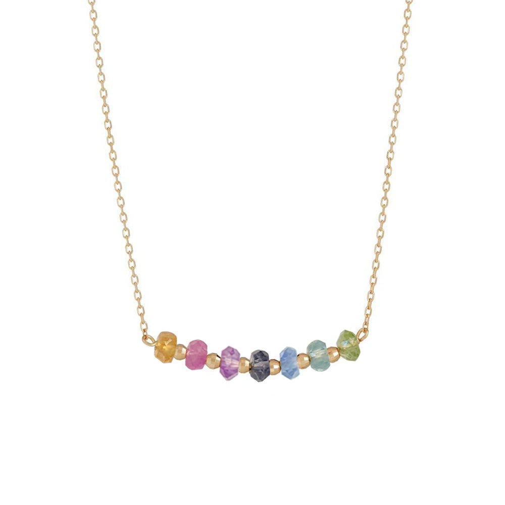 rainbow bar necklace in 18k gold with hessonite garnet, pink sapphire, amethyst, iolite, blue topaz, apatite and peridot gemstones.