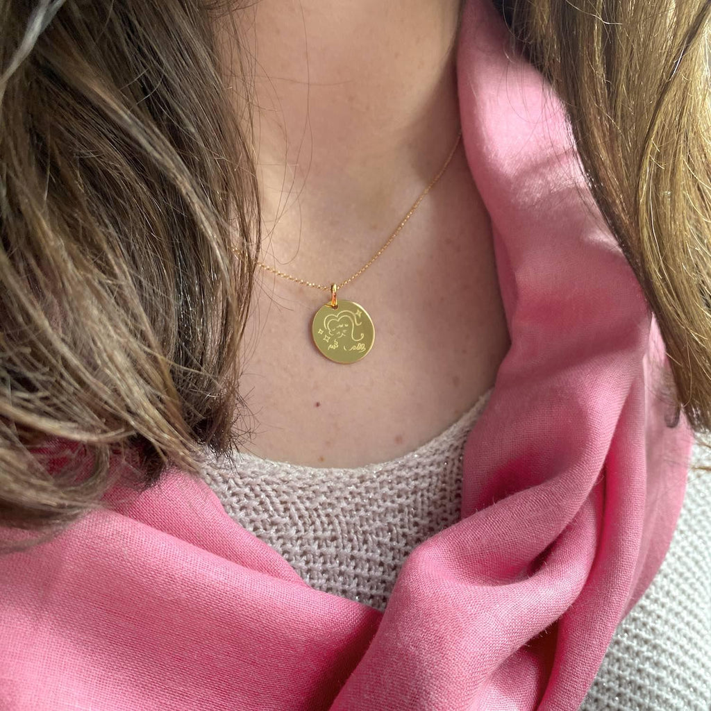 Muze 18k gold vermeil soul medal necklace on model , art inspired jewelry, dainty talisman symbol of love, friendship, complicity .Meaningful sentimental gift perfect for wife girlfriend or as friendship present