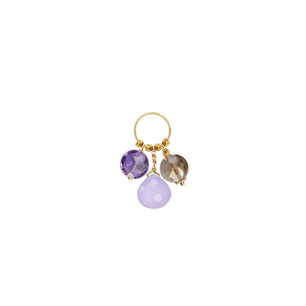 A trio of gemstone charms hanging from a ring in 18k gold  with  Amethyst, Lavender Jade & Smoky Quartz