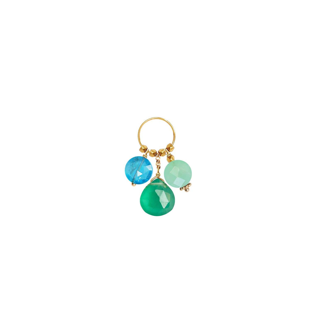 A trio of gemstone charms hanging from a ring in 18k gold with Apatite, Green Agate and Chrysoprase