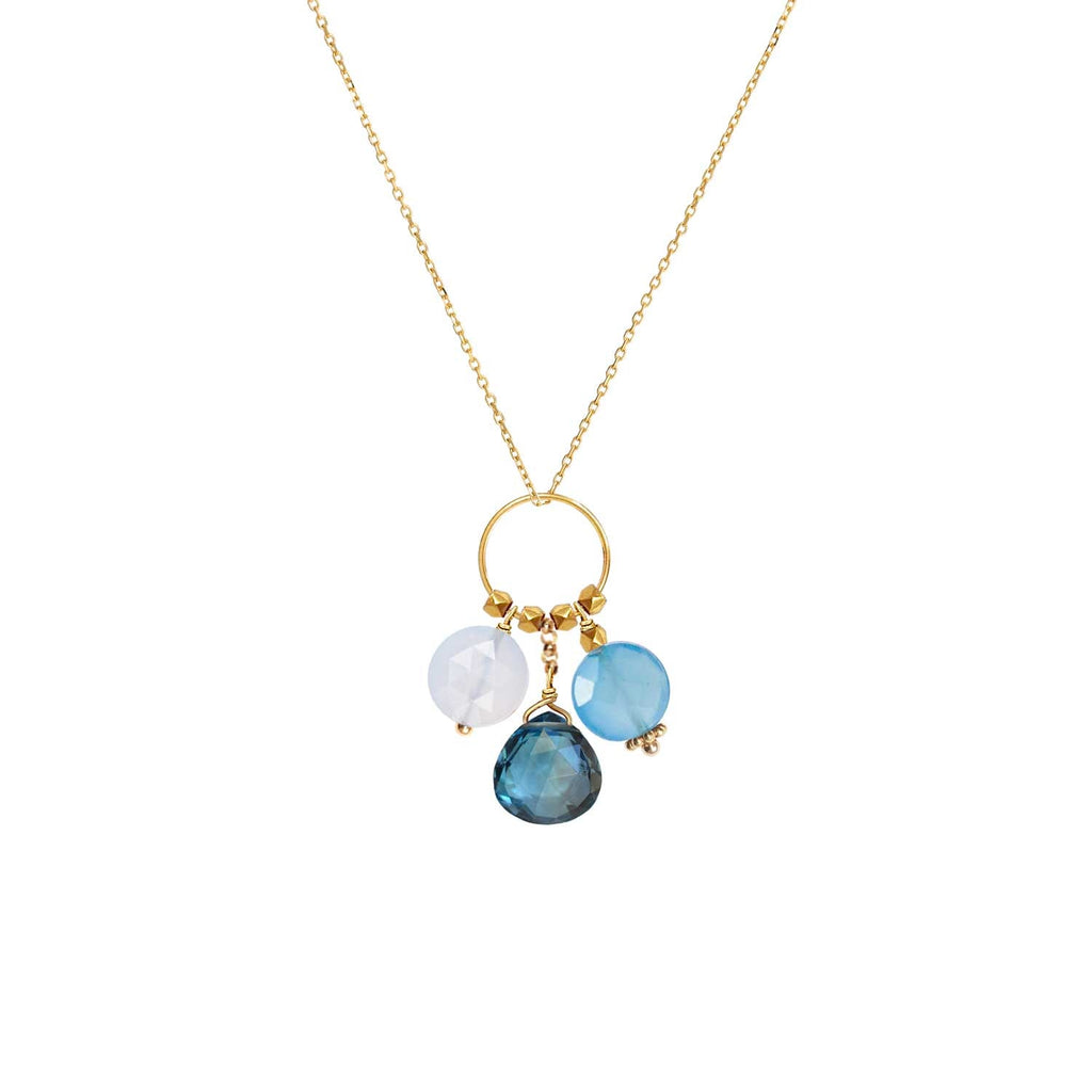 A 18k chain with a charm with 3 gemstones of Blue Chalcedony, Blue Topaz, Blue Quartz 