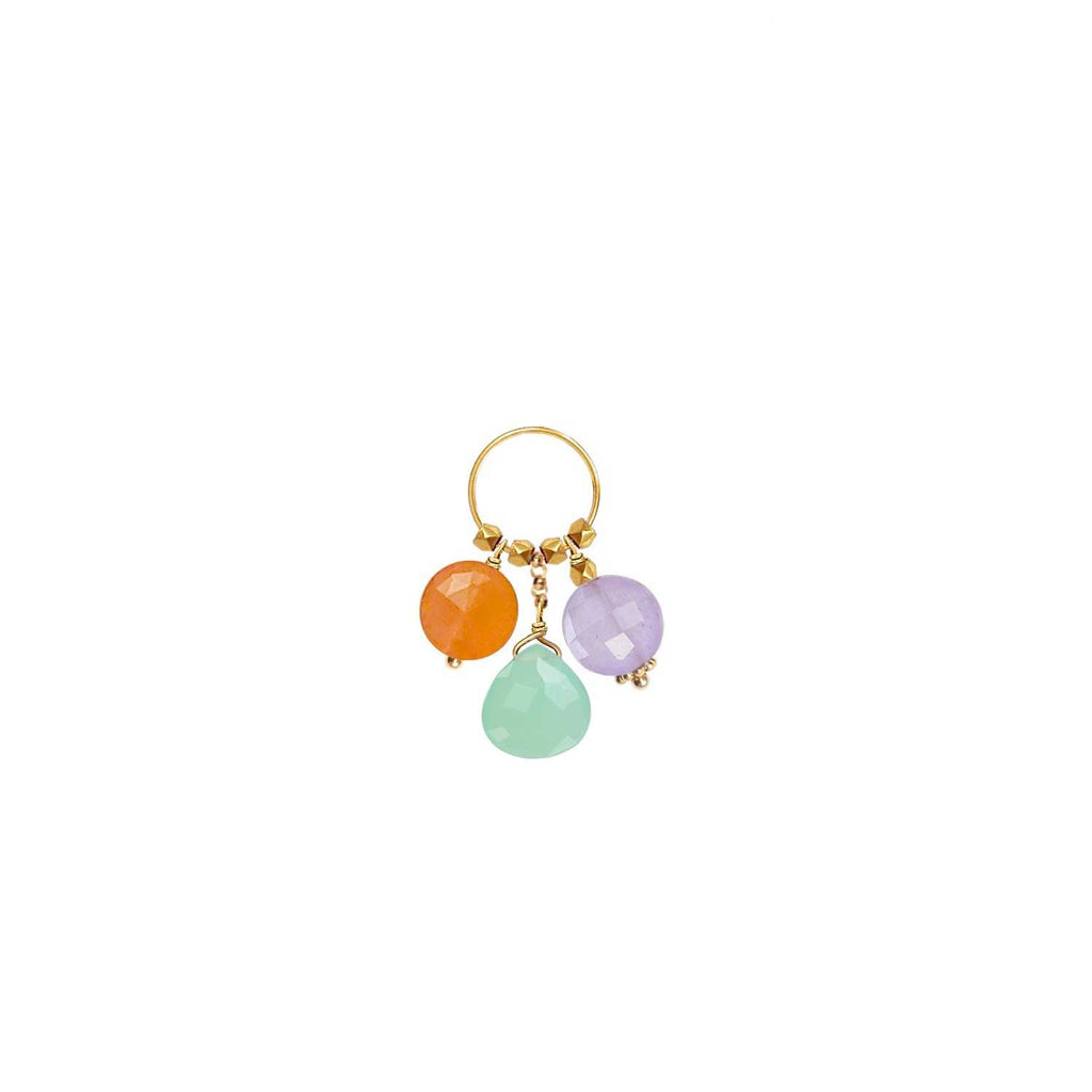 A trio of gemstone charms hanging from a ring in 18k gold with Carnelian, Chrysoprase & Lavender Jade