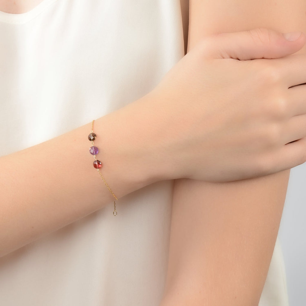 Trio Pastille Bracelet Amethyst, Red Garnet, Smoky Quartz -18k Gold - Perle de Lune