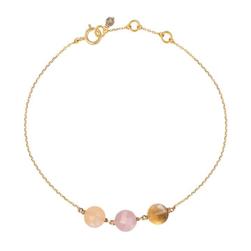 A gold chain bracelet with a trio of gemstones : Orange moonstone, pink Guava Quartz and Amber citrine, by Perle de Lune