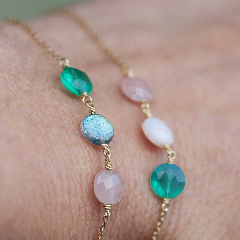 Trio Pastille Bracelet Guava Quartz, Labradorite & Green Agate -18k Gold - Perle de Lune