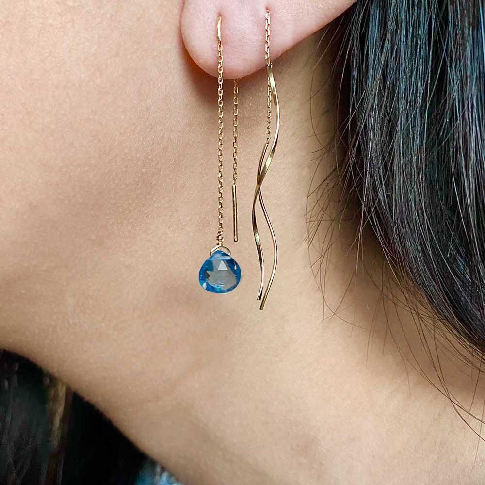Drop Threader Earrings Blue Topaz -18k Gold - Perle de Lune