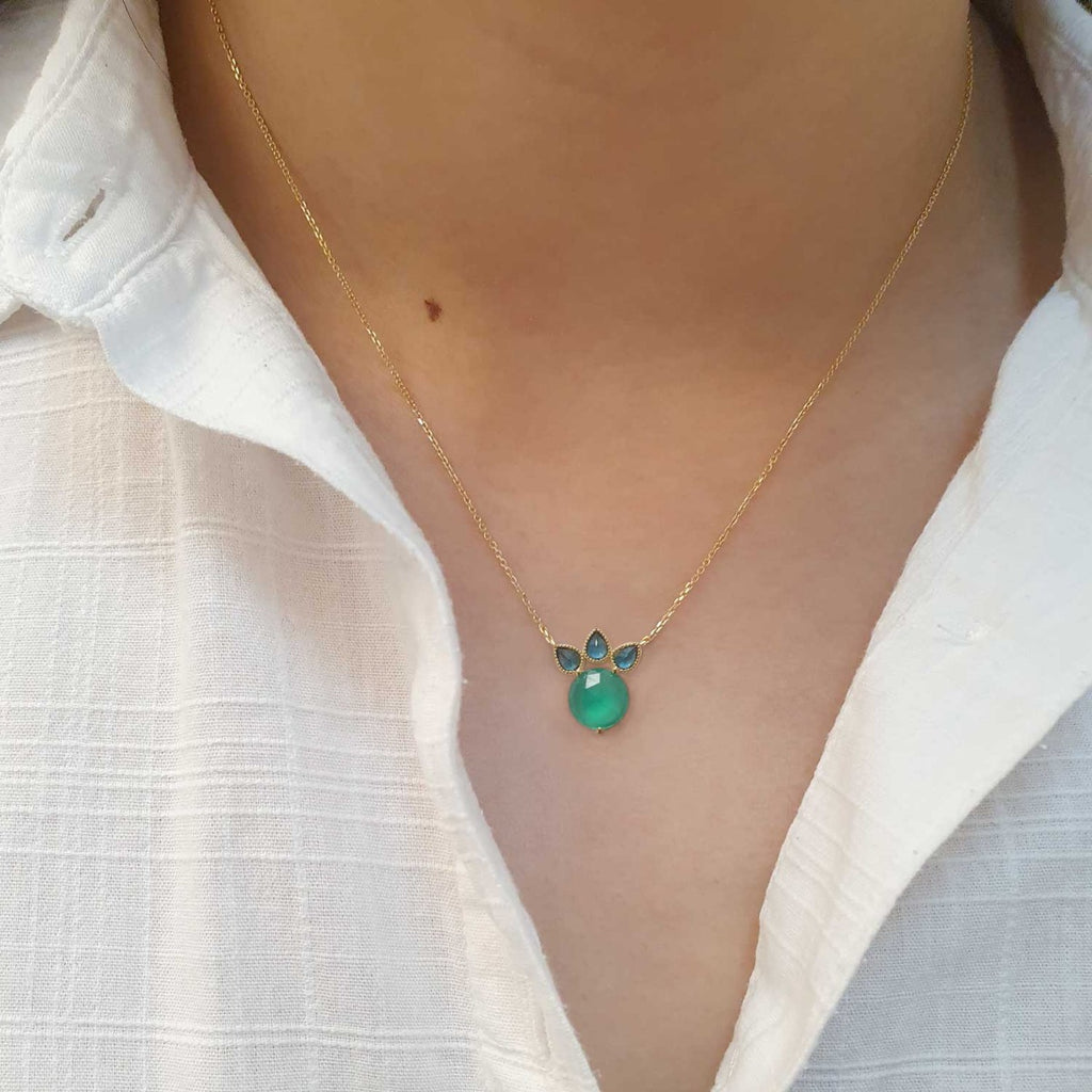 Princess necklace - 18k Gold Blue Topaz, Green Agate - Perle de Lune