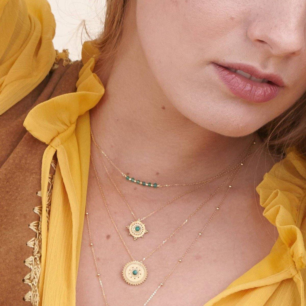 Gold Bar Gem Necklace - Green Agate - 18k Gold - Perle de Lune